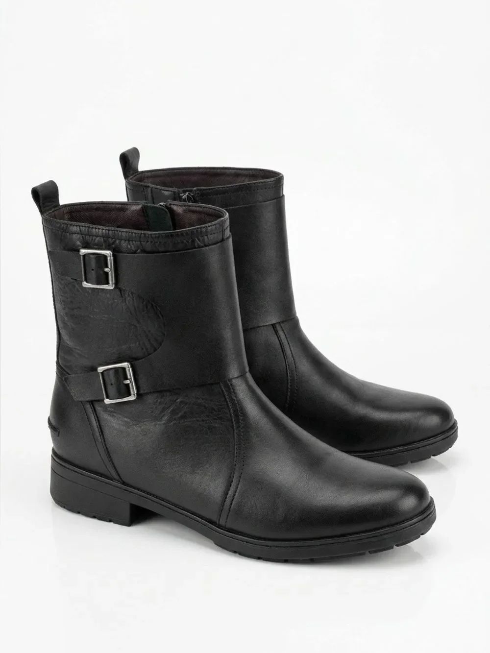 Women's Black Leather Buckle Ankle Boot